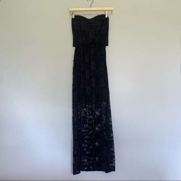 Black Lace Maxi Dress Strapless Sweetheart Neckline Back Cutout Size Small - Picture 3 of 9